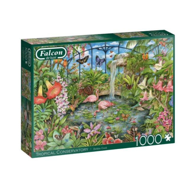 Falcon De Luxe Puzzle 1000 Piece Tropical Conservatory Falcon de luxe Tropical Conservatory 1000-piece jigsaw puzzle box showing tropical flowers, birds and waterfall scene