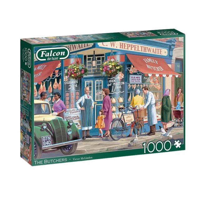 Falcon de luxe The Butchers 1000-piece jigsaw puzzle box featuring nostalgic family butcher scene