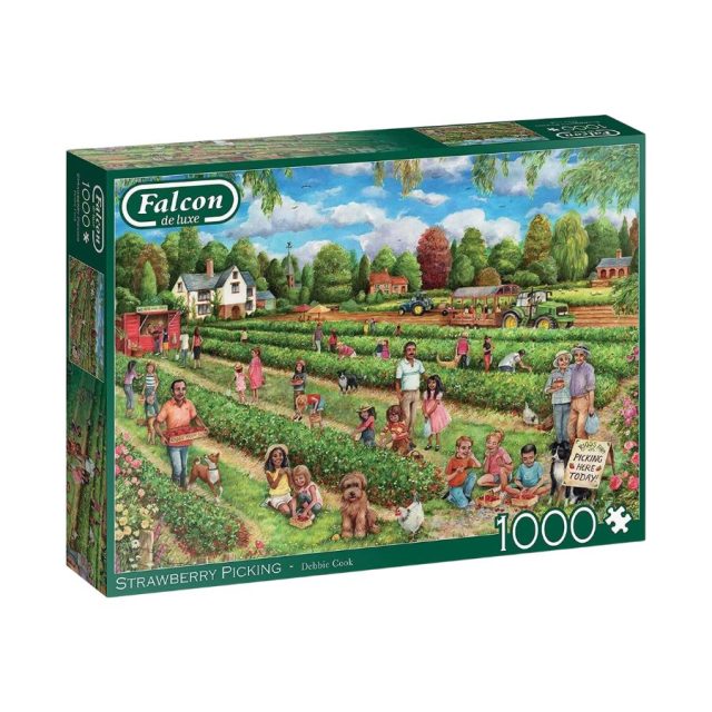 Falcon Strawberry PIcking Box of Falcon de luxe Strawberry Picking 1000-piece jigsaw puzzle featuring a colourful summer farm scene