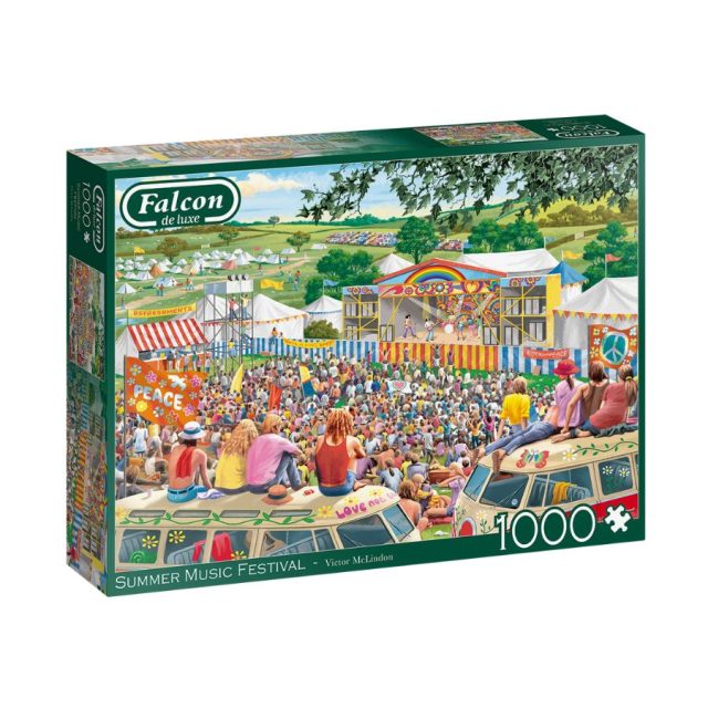 Falcon Summer Music Festival Falcon de luxe Summer Music Festival 1000 piece jigsaw puzzle box featuring a colourful sixties festival scene