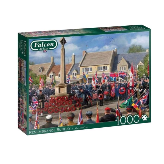 Box packaging of Falcon de Luxe Remembrance Sunday 1000 piece jigsaw puzzle featuring a remembrance parade scene