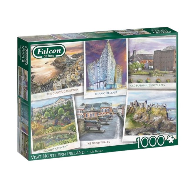 Falcon de luxe jigsaw puzzle box showing Northern Ireland landmarks including Giant’s Causeway and Titanic Belfast