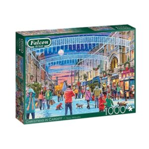 Box of Falcon de luxe 1000 piece Christmas in Cardiff jigsaw puzzle showing snowy festive street scene