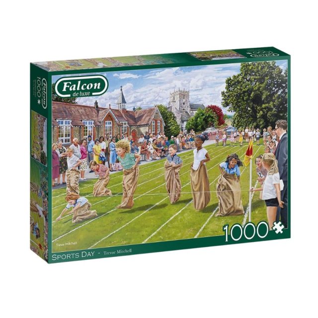 Falcon de luxe Sports Day Falcon de luxe Sports Day 1000-piece jigsaw puzzle box showing children in a sack race on a school field