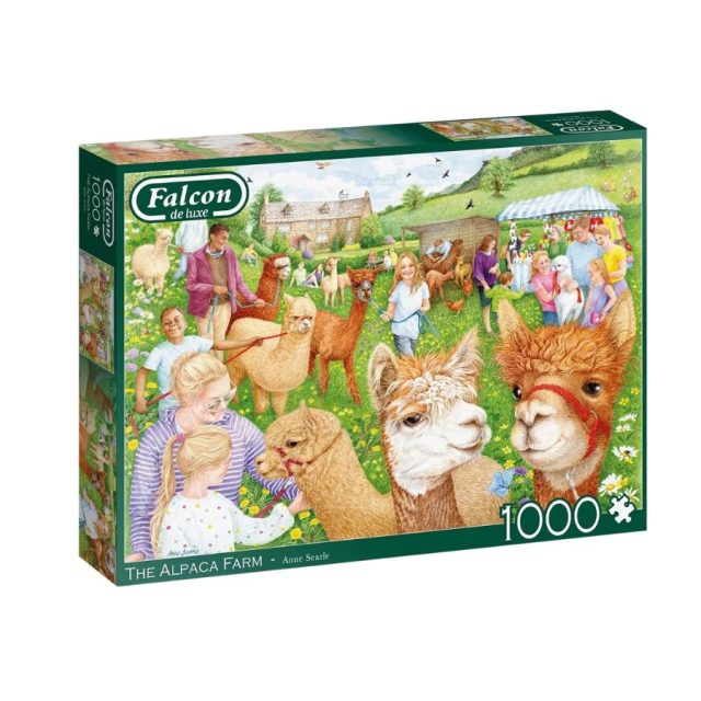 Falcon de luxe - The Alpaca Farm Falcon de luxe The Alpaca Farm 1000 piece jigsaw puzzle box featuring alpacas and farm scene
