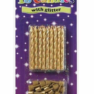 Pack of 18 Simon Elvin gold spiral birthday candles with glitter and candle holders