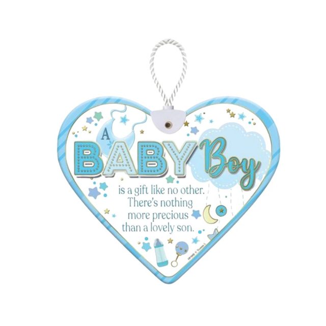 Ceramic hanging heart plaque with Baby Boy design and blue decorative elements