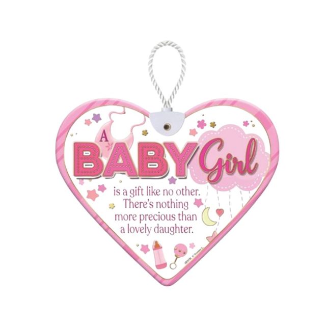 Heartfelt By Sensations Baby Girl Pink ceramic heart-shaped plaque with Baby Girl text and hanging cord
