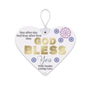Heartfelt By Sensations God Bless White ceramic heart plaque with gold God Bless text and floral decorations hanging by a white cord