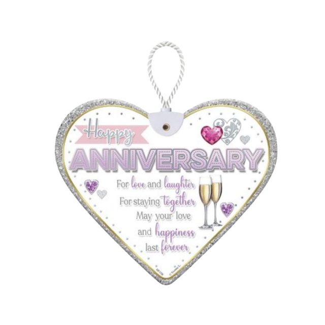 White heart-shaped ceramic plaque with Happy Anniversary and champagne glasses design