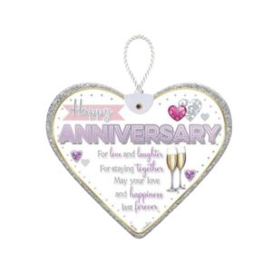 Heartfelt By Sensations Happy Anniversary White heart-shaped ceramic plaque with Happy Anniversary and champagne glasses design