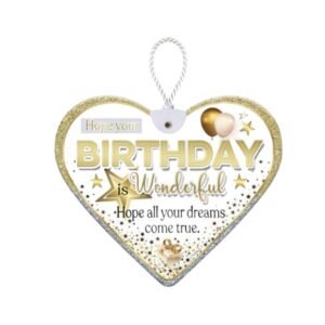 Heartfelt By Sensations Happy Birthday Ceramic heart plaque with birthday message and gold stars, balloons and gift design