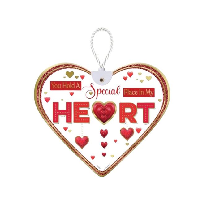 Heartfelt By Sensations Heart Ceramic heart-shaped hanging plaque with red and gold text and decorative hearts