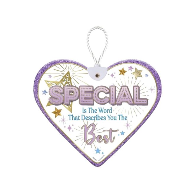 Heartfelt By Sensations Special Heart-shaped ceramic hanging plaque with 'Special' text and decorative stars in purple and gold