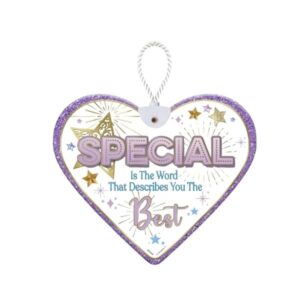 Heart-shaped ceramic hanging plaque with 'Special' text and decorative stars in purple and gold