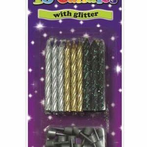 Silver, Black & Gold Spiral Candles Pack of 18 silver, black and gold spiral birthday candles with glitter by Simon Elvin