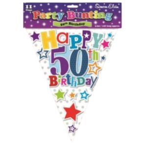 Simon Elvin Happy Birthday 50th colourful party bunting with stars and number 50