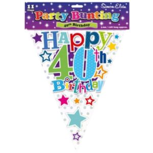 Simon Elvin colourful 40th birthday bunting with 11 flags and star designs