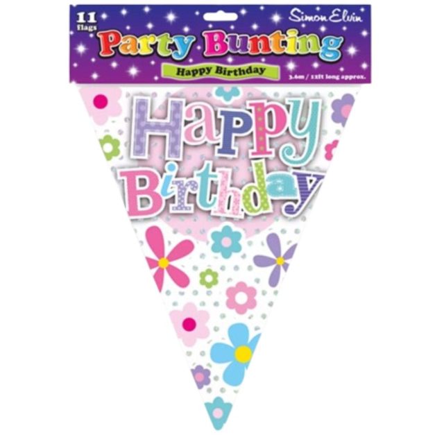 Simon Elvin Happy Birthday Girl Bunting flag with pastel floral design