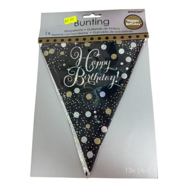AMSCAN GOLD HAPPY BIRTHDAY BUNTING Amscan Gold Sparkling Happy Birthday triangular pennant with prismatic dots and lettering