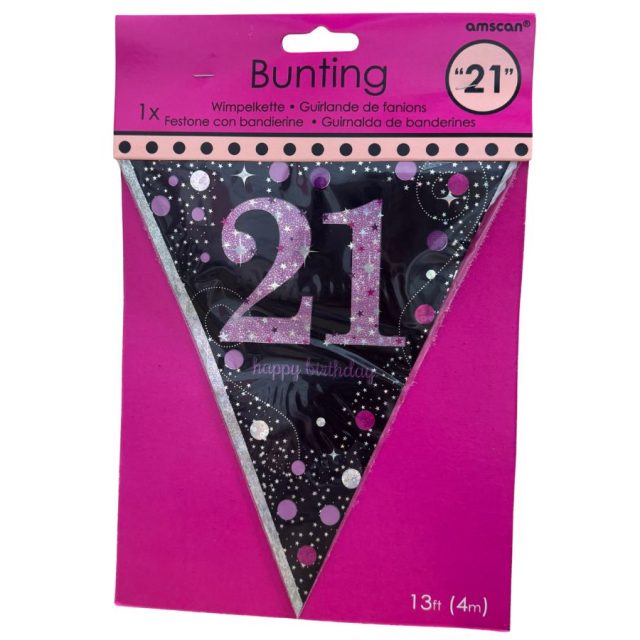 AMSCAN PINK 21ST HAPPY BIRTHDAY BUNTING Amscan pink sparkling 21st plastic pennant bunting with glitter and polka dot design