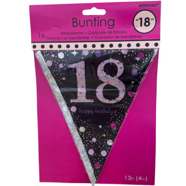 Amscan pink sparkling 18th happy birthday triangular plastic pennant on pink card