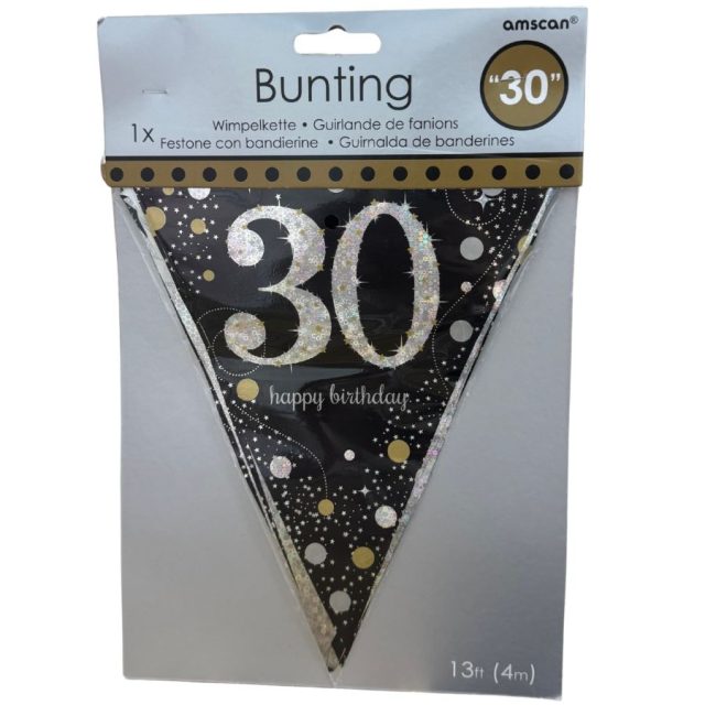 Amscan Gold sparkling 30th birthday plastic pennant bunting with large 30 and dots on black background