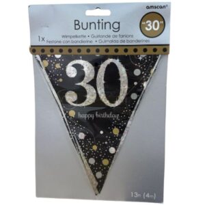 Amscan Gold sparkling 30th birthday plastic pennant bunting with large 30 and dots on black background