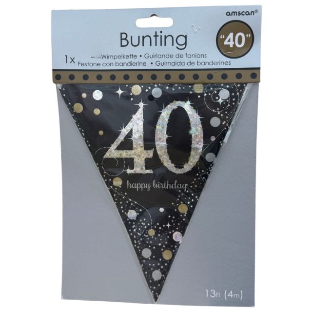 Amscan Gold Sparkling 40th plastic pennant bunting with prismatic design and 12 flags