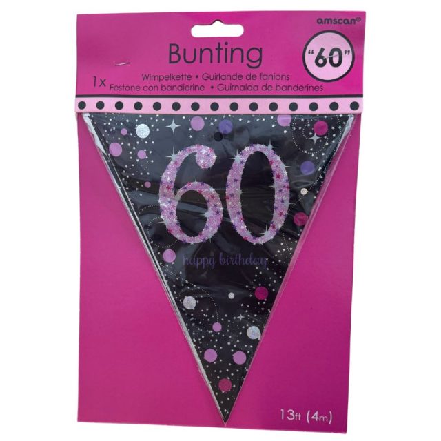 Single triangular black pennant flag with pink and silver sparkling 60th design