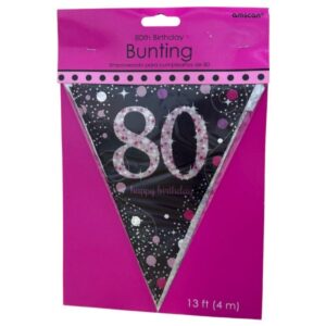 Amscan pink sparkling 80th birthday black triangular pennant bunting with silver and pink polka dot design