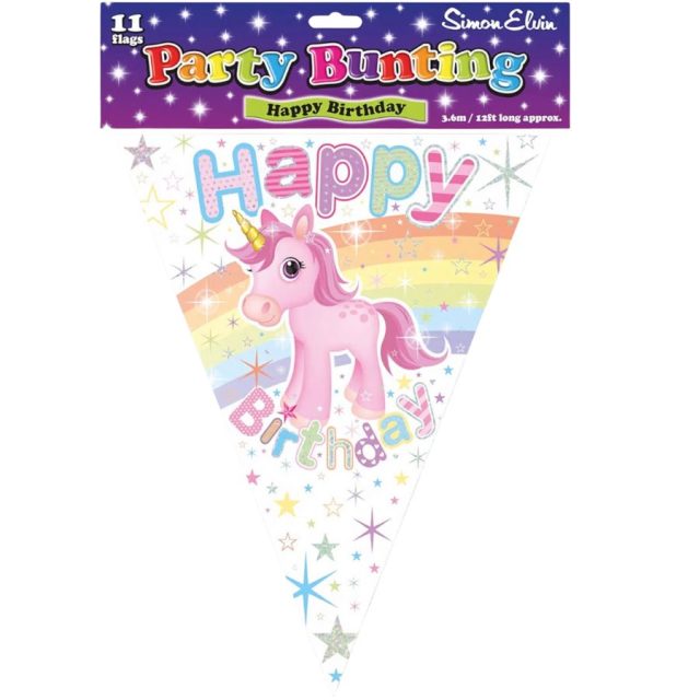 Single flag from Simon Elvin unicorn happy birthday bunting with pink unicorn and rainbow