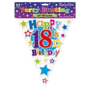 Simon Elvin Happy Birthday 18th party bunting with colourful 11 flags and star designs