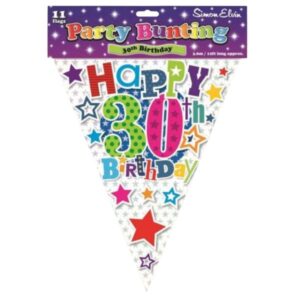 Triangular flag of Simon Elvin Happy Birthday 30th bunting with colourful text and stars