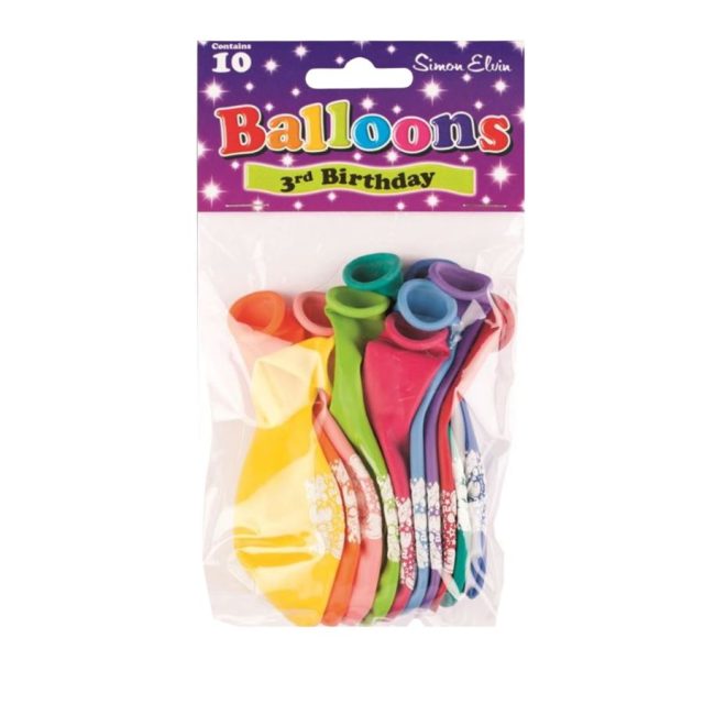 Simon Elvin 3rd Birthday Balloons Pack of 10 Simon Elvin 3rd Birthday multicoloured latex balloons in packaging