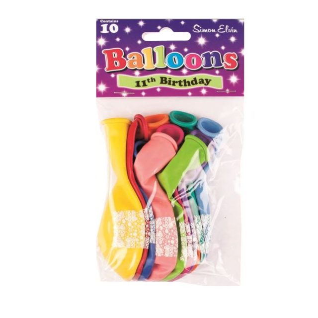 Pack of 10 multicoloured latex balloons for 11th birthday by Simon Elvin
