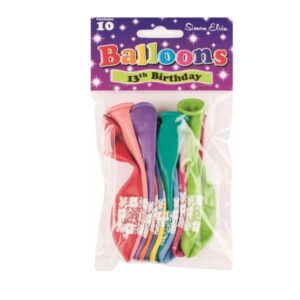 Pack of 10 multicoloured Simon Elvin 13th Birthday latex balloons in sealed packaging