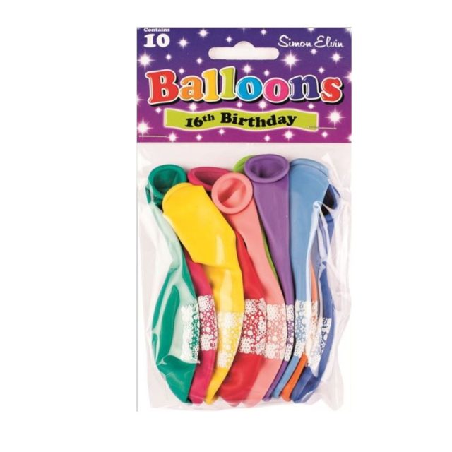 Simon Elvin 16th Birthday Balloons Simon Elvin 16th Birthday pack of 10 multicoloured latex balloons in packaging