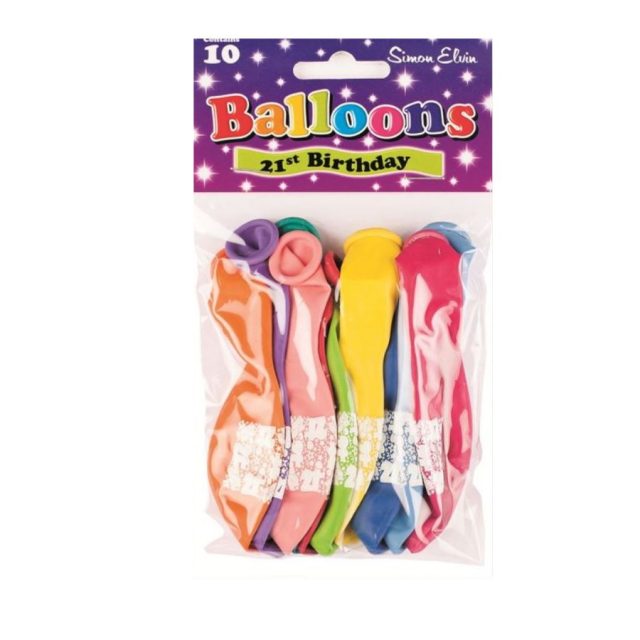 Simon Elvin 21st Birthday Balloons Pack of 10 multicoloured Simon Elvin 21st Birthday latex balloons in packaging