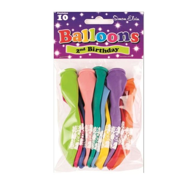Pack of 10 multicoloured Simon Elvin 2nd Birthday 10 inch latex balloons in packaging