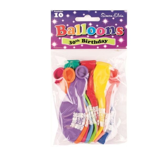 Simon Elvin 30th Birthday Balloons Pack of 10 multicoloured Simon Elvin 30th birthday latex balloons