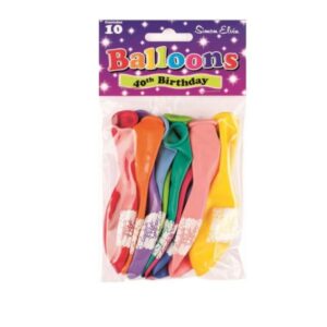 Pack of ten colourful Simon Elvin 40th Birthday 10-inch latex balloons in original packaging
