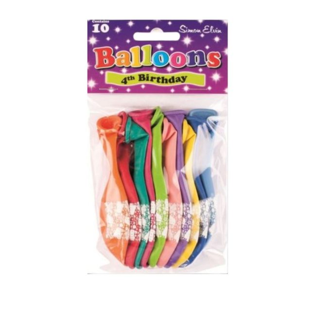 Simon Elvin 4th Birthday Balloons Pack of 10 multicoloured Simon Elvin 4th birthday latex balloons in packaging