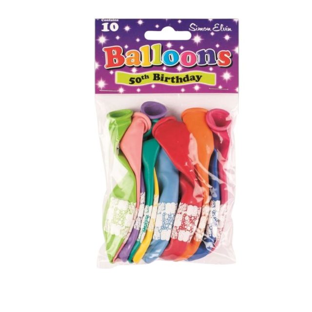 Pack of ten multicoloured Simon Elvin 50th birthday latex balloons in sealed packaging