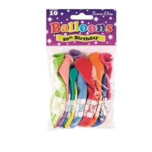 Pack of ten multicoloured Simon Elvin 50th birthday latex balloons in sealed packaging
