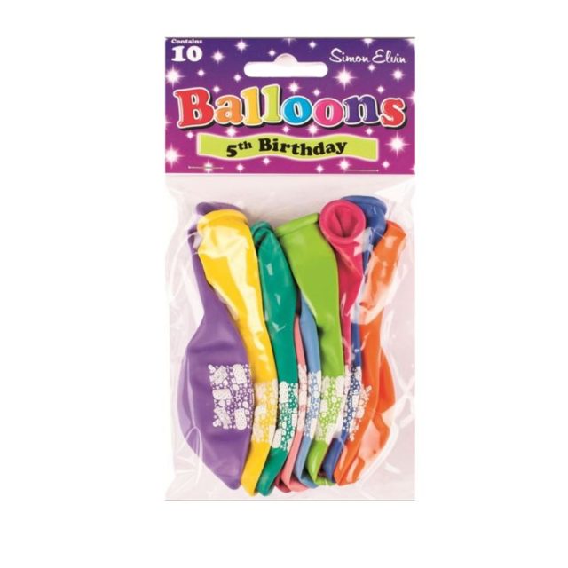 Simon Elvin 5th Birthday Balloons Pack of 10 multicoloured Simon Elvin 5th Birthday latex balloons in original packaging