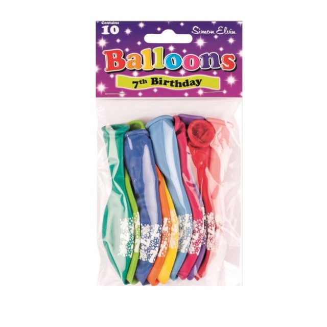 Pack of 10 multicoloured Simon Elvin 7th Birthday latex balloons in packaging