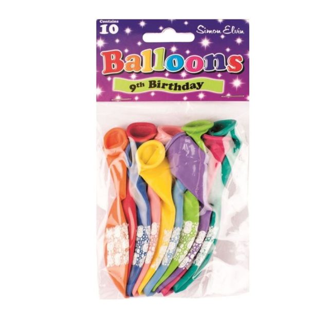 Simon Elvin 9th Birthday Balloons Pack of 10 multicoloured Simon Elvin 9th Birthday 10 inch latex balloons