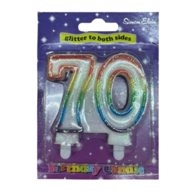 Simon Elvin multi colour glitter number 70 birthday cake candle in packaging