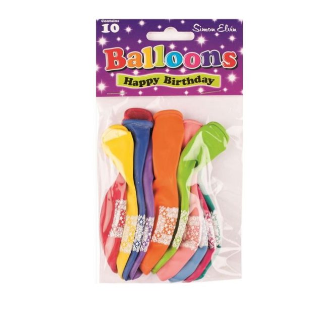 Pack of 10 multicoloured Simon Elvin Happy Birthday latex balloons in packaging